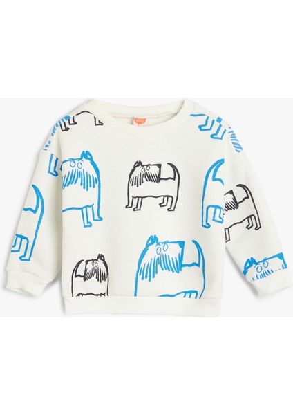 Sweatshirt Bisiklet Yaka Köpek Baskılı Uzun Kollu Pamuklu