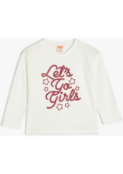 T-Shirt Slogan Baskılı Uzun Kollu Bisiklet Yaka Pamuklu