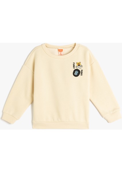 Sweatshirt Baskı Detaylı Uzun Kollu Bisiklet Yaka Şardonlu