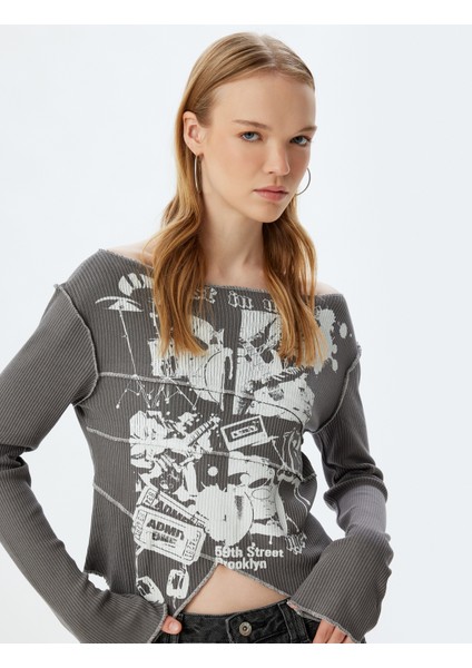 Uzun Kollu Tişört Fitilli Baskılı Kayık Yaka Asimetrik Kesim Slim Fit