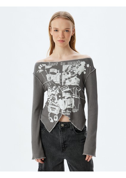 Uzun Kollu Tişört Fitilli Baskılı Kayık Yaka Asimetrik Kesim Slim Fit modelleri