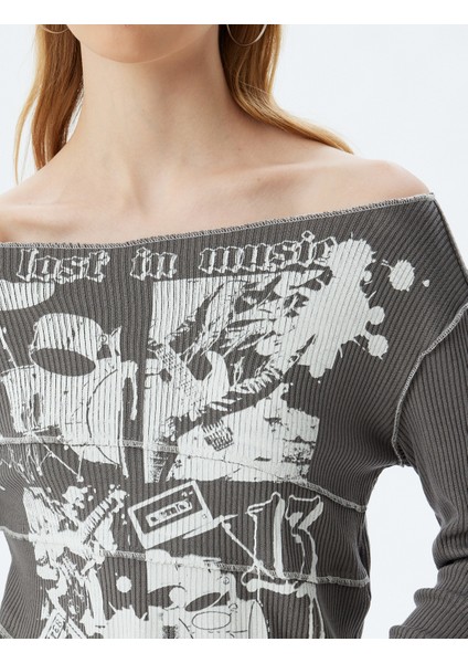 Uzun Kollu Tişört Fitilli Baskılı Kayık Yaka Asimetrik Kesim Slim Fit indirimleri