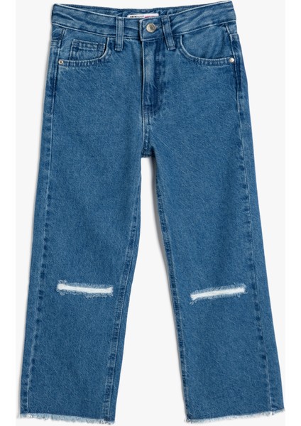 Kot Pantolon Yıpratılmış Detaylı Pamuklu- Straight Jean