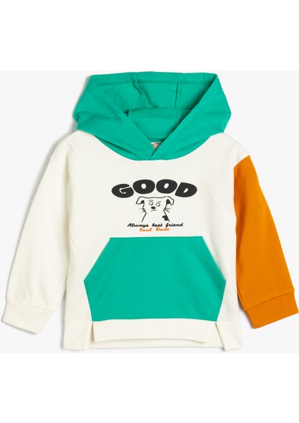 Kapşonlu Sweat Baskılı Kanguru Cepli Renk Bloklu Pamuklu