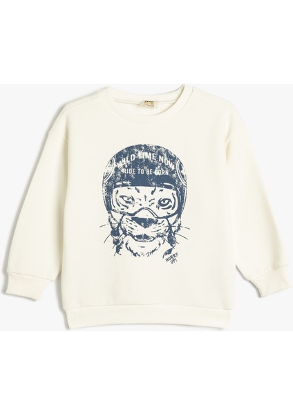 Hayvan Baskılı Sweatshirt Bisiklet Yaka Boxy Pamuk Karışımlı