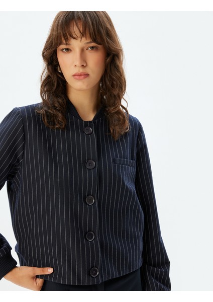 Ceket Yuvarlak Yaka Düğmeli Uzun Kollu Cep Detaylı Astarlı