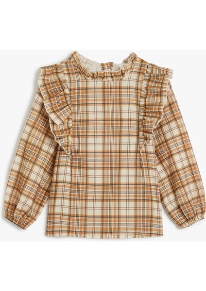 Yuvarlak Yaka Gömlek Fırfır Detaylı Uzun Kollu Pamuklu