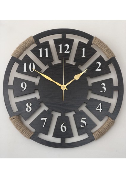 3D Ahşap Duvar Saati, Hasır Ipli, Metalik Renk, Geometrik Stil, 40x40 Boyut