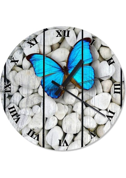 50 cm mavi kelebek desenli taşlı yuvarlak modern duvar saati, gri renk, 30x30 cm