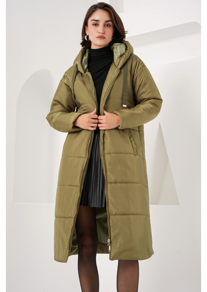 5120 Kapşonlu Uzun Şişme Mont - Haki