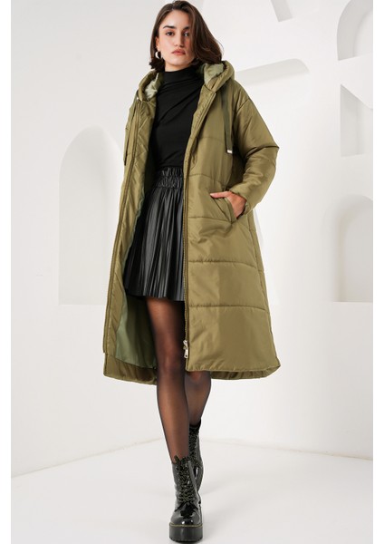 5120 Kapşonlu Uzun Şişme Mont - Haki fiyatları