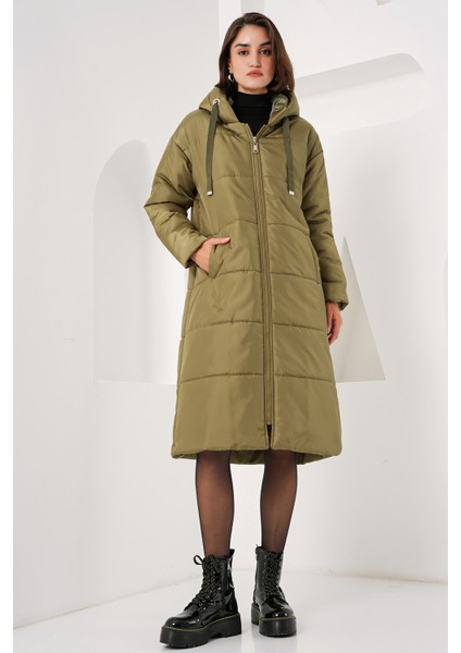 5120 Kapşonlu Uzun Şişme Mont - Haki modelleri
