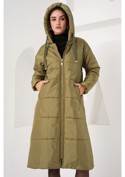 5120 Kapşonlu Uzun Şişme Mont - Haki fırsatları