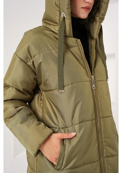 5120 Kapşonlu Uzun Şişme Mont - Haki indirimleri