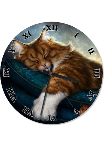 50 cm renkli uyuyan kedi temalı yuvarlak analog duvar saati