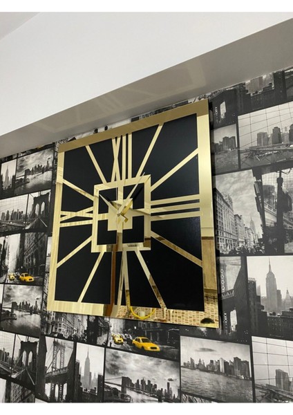 Altın ve siyah kare duvar saati, modern tasarım, MDF ve pleksi malzeme, 50x50 cm fiyatları