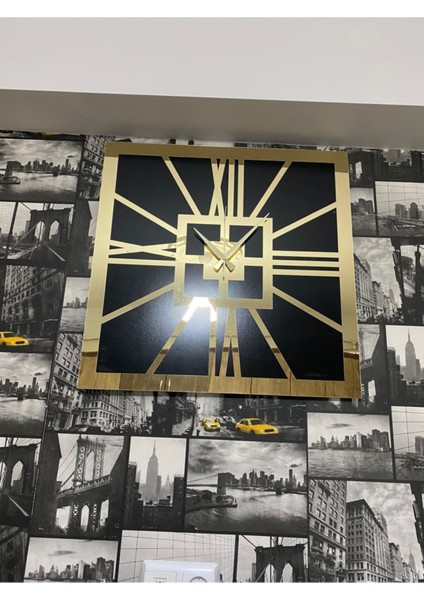 Altın ve siyah kare duvar saati, modern tasarım, MDF ve pleksi malzeme, 50x50 cm modelleri