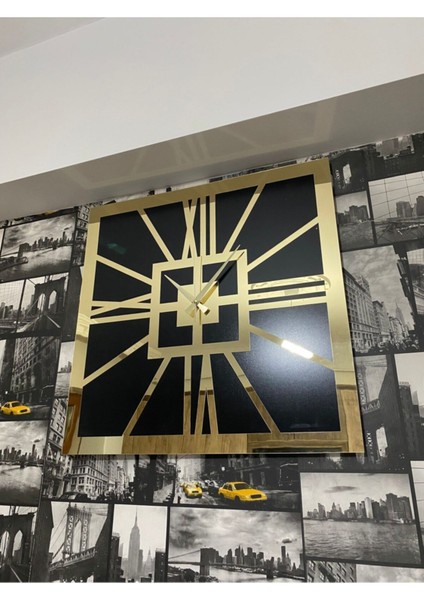 Altın ve siyah kare duvar saati, modern tasarım, MDF ve pleksi malzeme, 50x50 cm indirimleri