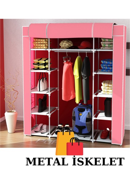 Bez Dolap Metal Iskelet Fermuarlı Portatif Çyr Gardırop Pembe