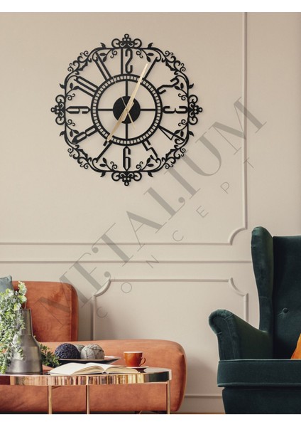 Modern Siyah Ferforje Metal Duvar Saati, 45x45cm, Türkçe Rakamlar