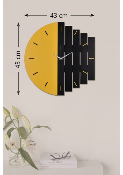 Modern ahşap duvar saati, 43 cm, canlı sarı ve siyah renk, şık tasarım