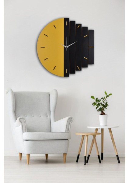 Modern ahşap duvar saati, 43 cm, canlı sarı ve siyah renk, şık tasarım