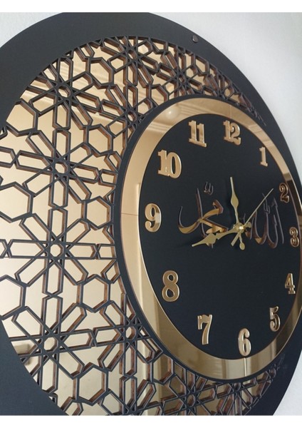 Ahşap ve aynalı Allah-Muhammed motifli duvar saati, 50 cm, siyah-altın renkli, geleneksel stil modelleri