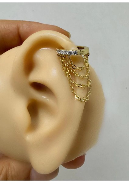 Arescollection 1 Adet Zirkon Taşlı 4 Sıra Zincirli Sol Kulak Uyumlu Halka Piercing