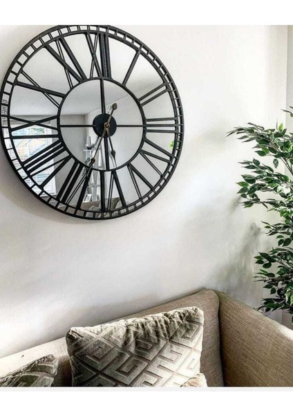 Rustik tarz ahşap ve siyah duvar saati, 50cm, şık dekoratif saat