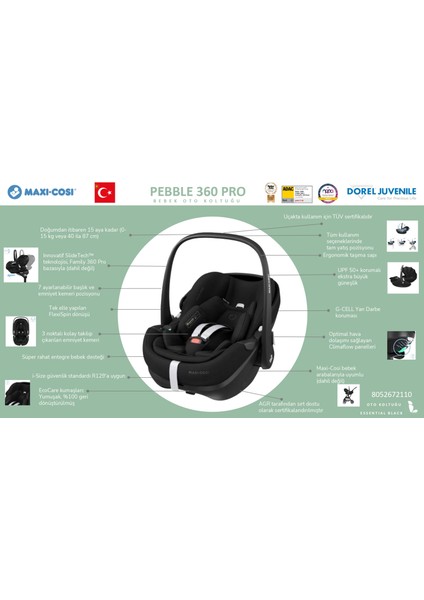 Pebble Slidetech Tam Yatabilen 0-13 kg Ana Kucağı ve Oto Koltuğu Essential Black