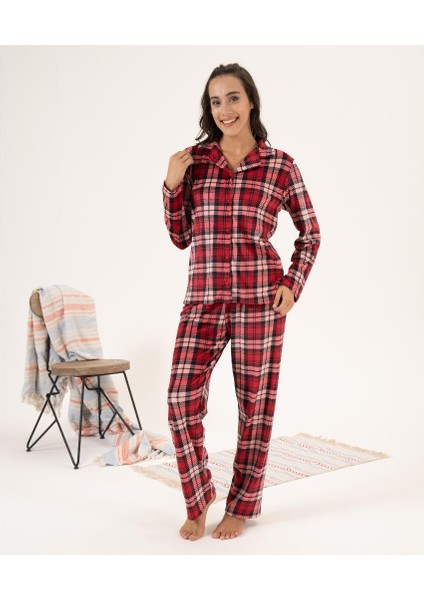 Kareli Önden Düğmeli Kadife Kadın Pijama Takım