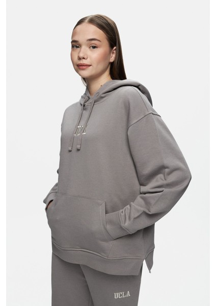 Jess Gri Kapüşonlu Nakışlı Oversize Kadın Sweatshirt