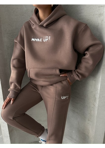 TKM-03630 Kahverengi Wake Up Kabartma Baskılı Kapüşonlu Sweatshirt Jogger Eşofman Üç Iplik Şardonlu Ikili Takım fiyatları