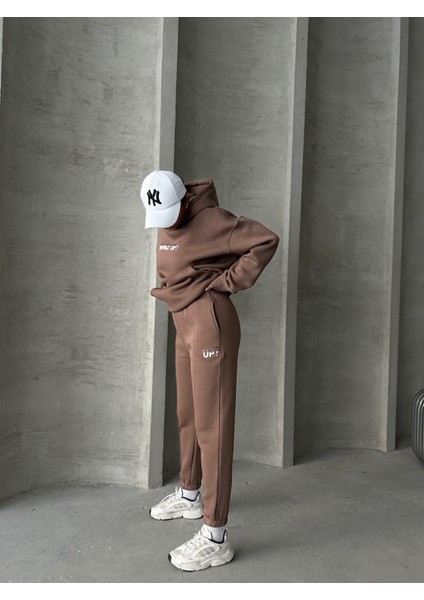 TKM-03630 Kahverengi Wake Up Kabartma Baskılı Kapüşonlu Sweatshirt Jogger Eşofman Üç Iplik Şardonlu Ikili Takım indirimleri