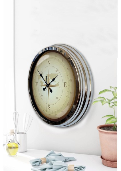 40 cm Krom Metal Duvar Saati, şık ve modern tasarım, bej renk, geometrik stil
