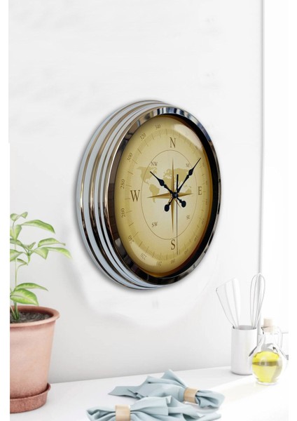 40 cm Krom Metal Duvar Saati, şık ve modern tasarım, bej renk, geometrik stil