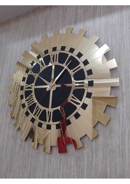 60x60 cm Altın Sarısı Güneş ve Roma Rakamlı Modern Duvar Saati