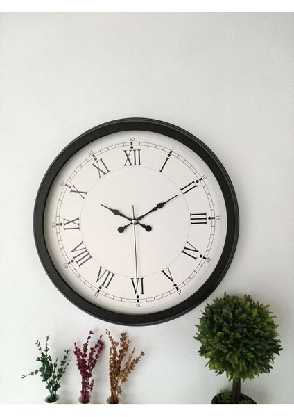 Şık Siyah Metal Retro Duvar Saati 40 Cm, Bej Detaylı, Dekoratif ve Zarif Tasarım