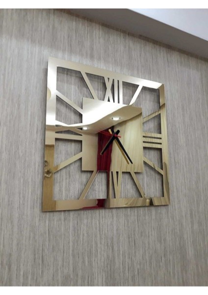 Modern altın kare duvar saati 40x40 cm, aynalı, roma rakamlı, şık ve ekonomik tasarım fiyatları