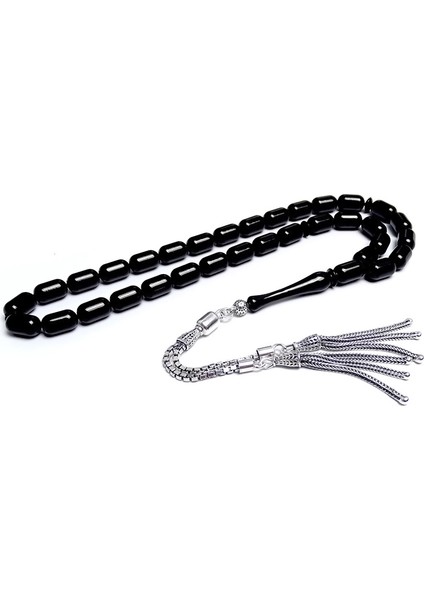 Erzurum Oltu Taşı Tesbih 6x10mm Kapsül Kesim Model - Gümüş Püskül