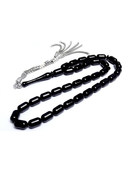 Erzurum Oltu Taşı Tesbih 6x10mm Kapsül Kesim Model - Gümüş Püskül modelleri