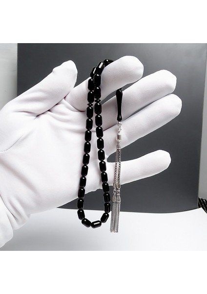 Erzurum Oltu Taşı Tesbih 6x10mm Kapsül Kesim Model - Gümüş Püskül indirimleri