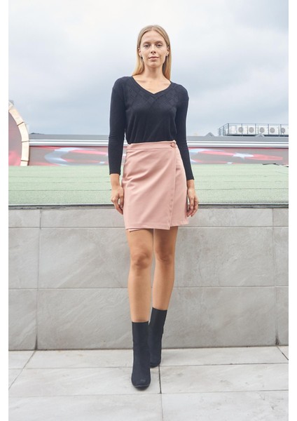 Kadın Desenli Triko V Yaka Yanları Yırtmaçlı Düşük Omuzlu Uzun Kol Bluz-Siyah