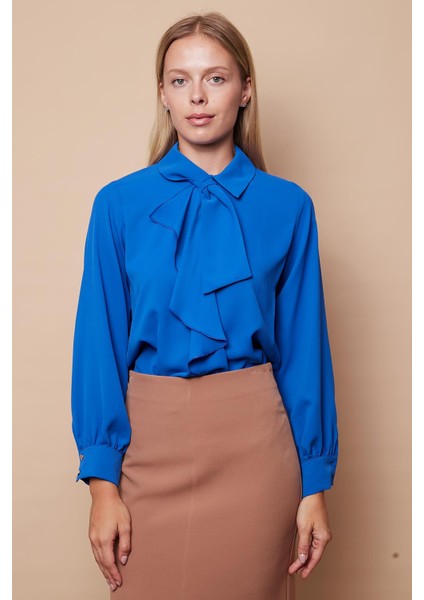 Kadın Likrasız Şık Kumaş Yakalı Önü Volanlı Uzun Kol Gömlek Bluz-Saks modelleri