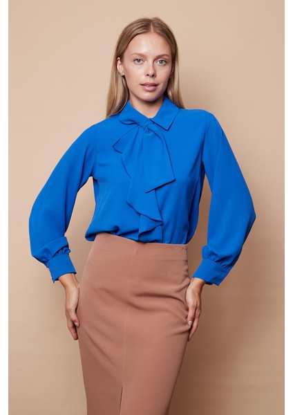 Kadın Likrasız Şık Kumaş Yakalı Önü Volanlı Uzun Kol Gömlek Bluz-Saks indirimleri