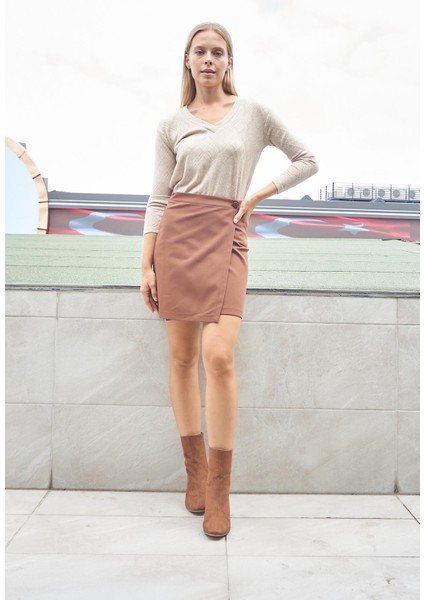 Kadın Desenli Triko V Yaka Yanları Yırtmaçlı Düşük Omuzlu Uzun Kol Bluz-Bej