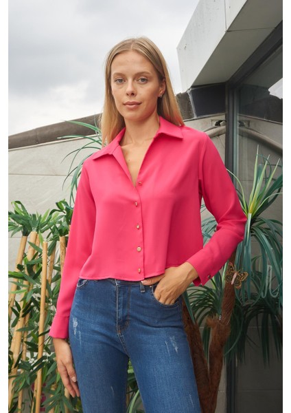 Kadın Likrasız Şık Kumaş Yakalı Uzun Kol Kısa Gömlek-Fujya