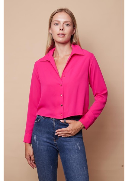 Kadın Likrasız Şık Kumaş Yakalı Uzun Kol Kısa Gömlek-Fujya fiyatları