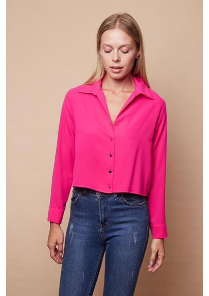 Kadın Likrasız Şık Kumaş Yakalı Uzun Kol Kısa Gömlek-Fujya modelleri