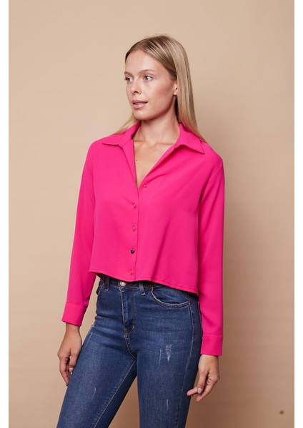 Kadın Likrasız Şık Kumaş Yakalı Uzun Kol Kısa Gömlek-Fujya fırsatları